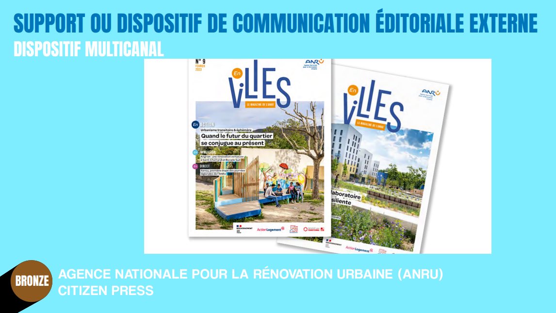 GP Stratégies de la Communication Editoriale 2023 – Support ou dispositif de communication éditoriale externe - Dispositif multicanal : un BRONZE pour <a href="/AnruOfficiel/">ANRU</a> et l’agence <a href="/AgenceCitizen/">Citizen Press</a> pour la réalisation « ANRU - EN VILLES ». Bravo à eux !
#gpstrat