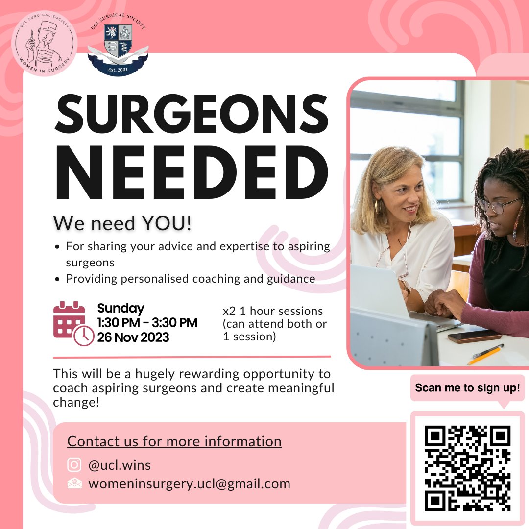 UCL Women in Surgery (@wins_ucl) on Twitter photo 🌟‼️ Calling all Women in Surgery! ‼️🌟
We need you for our Speed Mentoring Event at the award-winning UCL Women in Surgery (WinS) Conference!
📍UCL campus, Sunday 26th November
Sign up link: forms.gle/1TAAkzaRUVQgjE…
Certificates will be provided! 🌟‼️ Calling all Women in Surgery! ‼️🌟
We need you for our Speed Mentoring Event at the award-winning UCL Women in Surgery (WinS) Conference!
📍UCL campus, Sunday 26th November
Sign up link: forms.gle/1TAAkzaRUVQgjE…
Certificates will be provided!