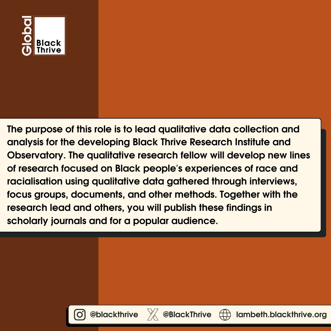 🌟 Join us at Black Thrive Global! 🌟
Role: Qualitative Research Fellow
💼 Lead qualitative data analysis
📚 Publish groundbreaking research on Black experiences
💡 Contribute to systems change &amp; decolonising research
🌍 Make an impact! 
⏱️ 12th October
bit.ly/3LKfSof