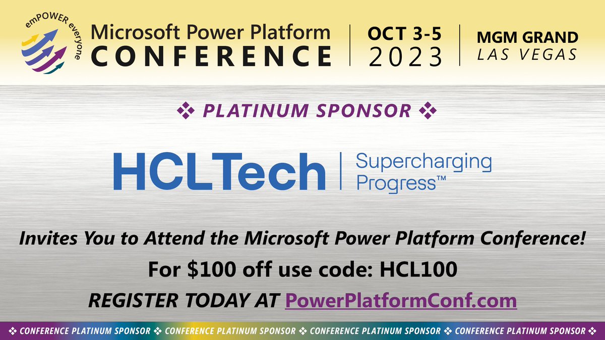 Big thanks to HCLTech, one of our Platinum Sponsors at the Microsoft Power Platform conference in Las Vegas! Catch them in the expo hall at booth #320. 🙌 #MPPC23 #HCLTech