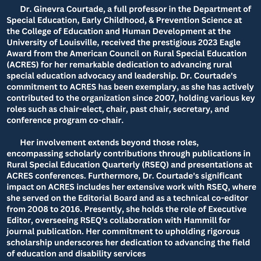 acres_sped's tweet photo. ACRES Spotlight!!
Meet the Executive Editor of our journal, Rural Special Education Quarterly (RSEQ), Dr. Ginevra Courtade! https://t.co/HVBLbs5ZQp