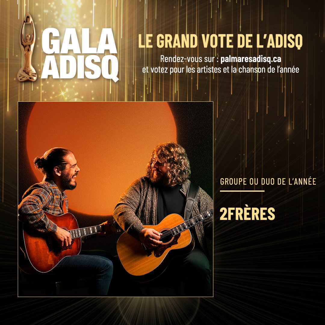 Un grand merci à l' <a href="/ADISQ_/">Adisq</a> pour les 4 belles nominations! 🙏

Pour voter pour nous pour groupe et chanson de l'année, c’est juste ici 👇
palmaresadisq.ca/fr/gala/concou…