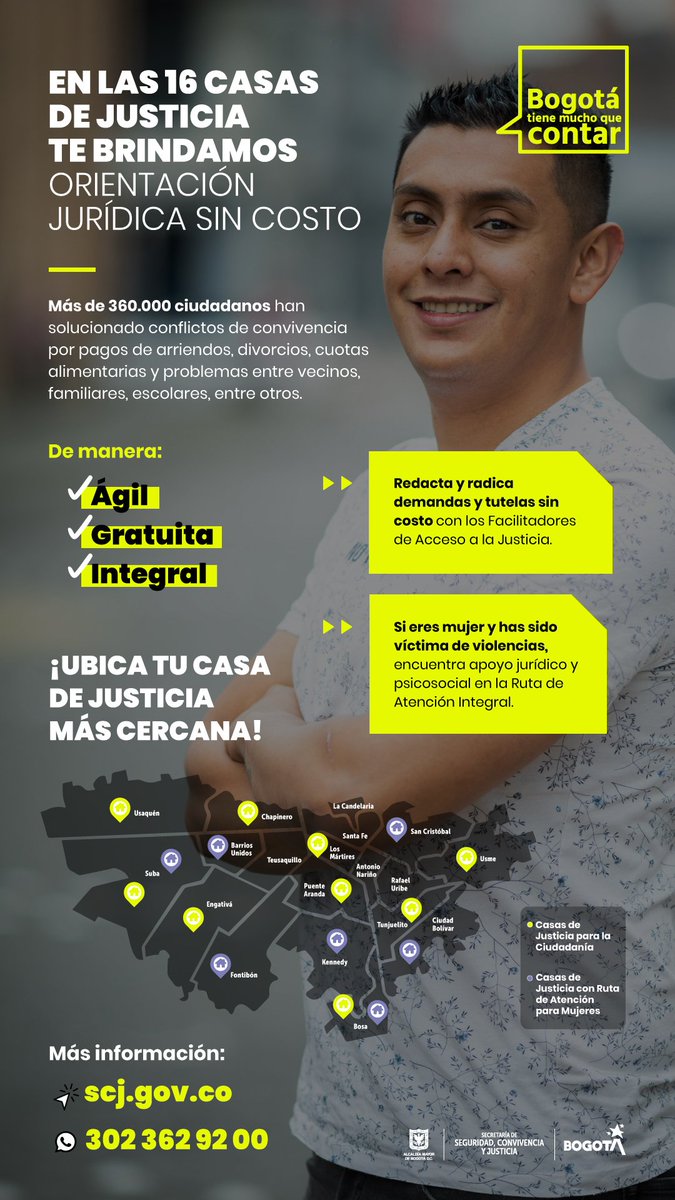 Accede a todos estos servicios en nuestras #CasasDeJusticia sin ningún costo.

Bogotá ahora tiene tres nuevas de estas casas en Bosa, Tunjuelito y Puente Aranda, para un total de 16.

Ubica la más cercana aquí👉🏼 bit.ly/CasaDeJusticia

#BogotáTieneMuchoQueContar