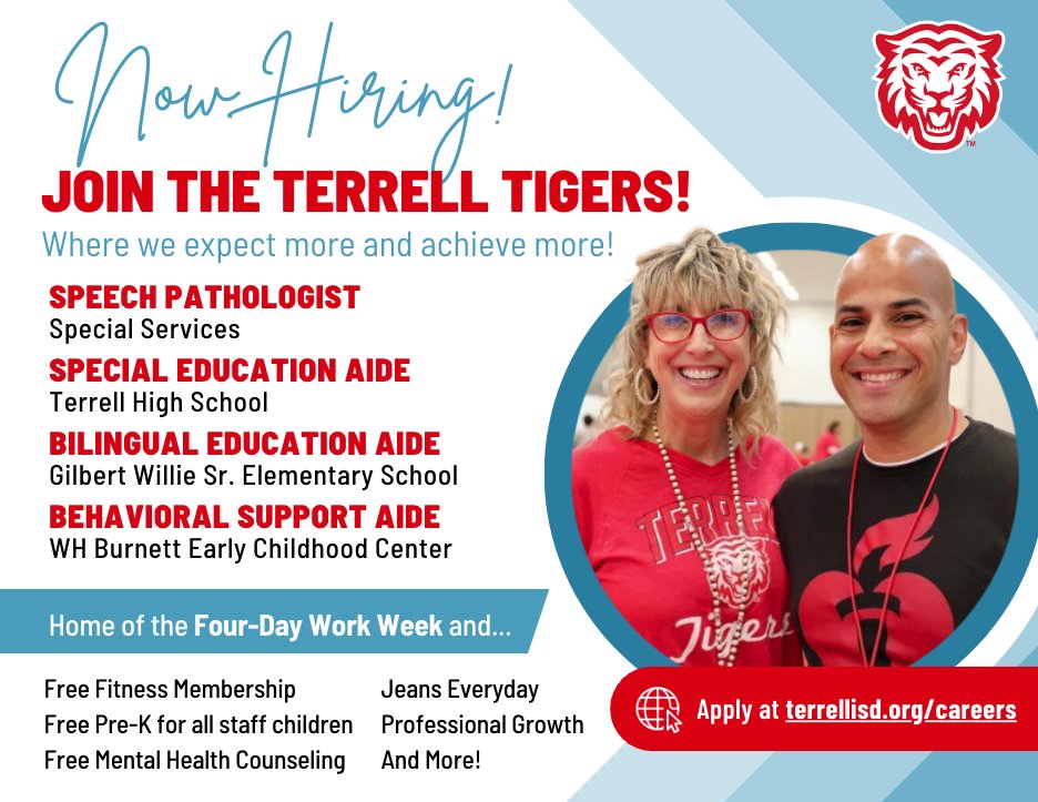 We are hiring!!
Interested in changing the lives of students while working 4 days a week? Join the Terrell Tigers!
Visit terrellisd.org/careers to learn more about opportunities at Terrell ISD and apply now!