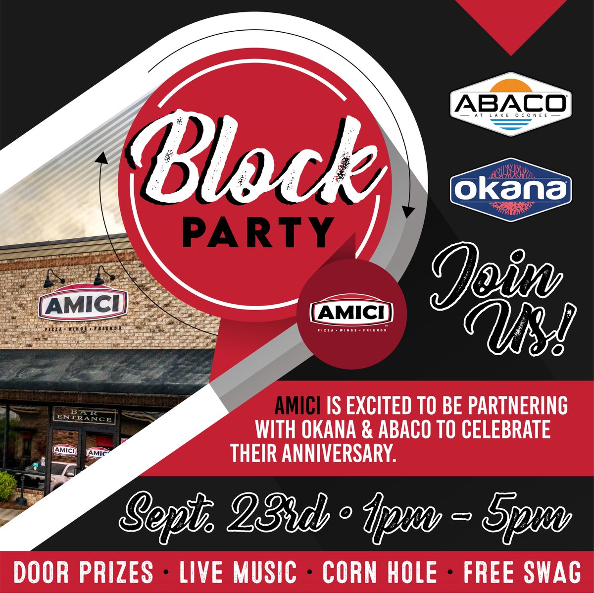 Join us for the ultimate BLOCK PARTY on September 23rd as Amici LKO teams up with our neighbors at Okana Outdoors and Abaco Sunglasses to celebrate their anniversary! 🥳 

🕐 Mark your calendars from 1 - 5 PM!

#BlockPartyFun #AmiciLakeOconee #AmiciLKO #LakeOconeeLiving
