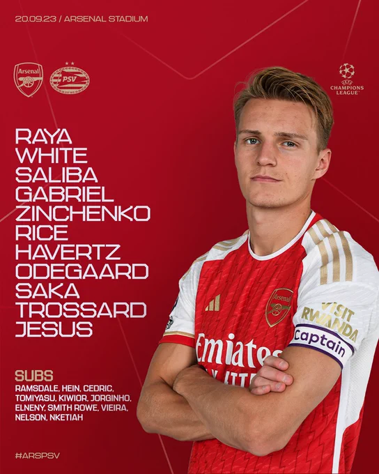 Starting XI: Raya, White, Saliba, Gabriel, Zinchenko, Rice, Havertz, Odegaard, Saka, Trossard, JesusSubstitutes: Ramsdale, Hein, Cedric, Tomiyasu, Kiwior, Jorginho, Elneny, Smith Rowe, Vieira, Nelson, Nketiah