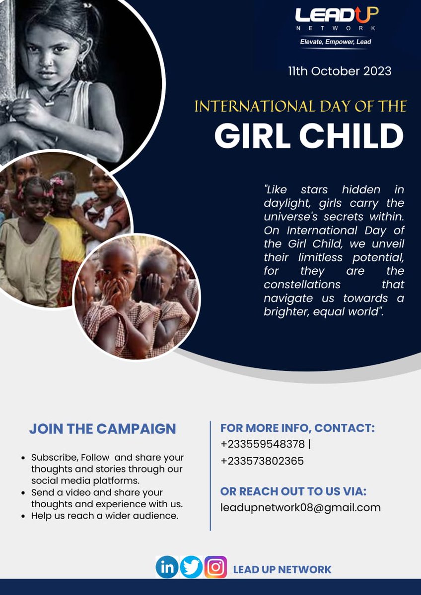 Lead_Up_Network's tweet photo. "Girls are unstoppable! Let's empower them to dream big, break barriers, and change the world! 💪✨
#LUN
#LUNGirlChild #InternationalDayOfTheGirlChild" https://t.co/576Ac22fMs