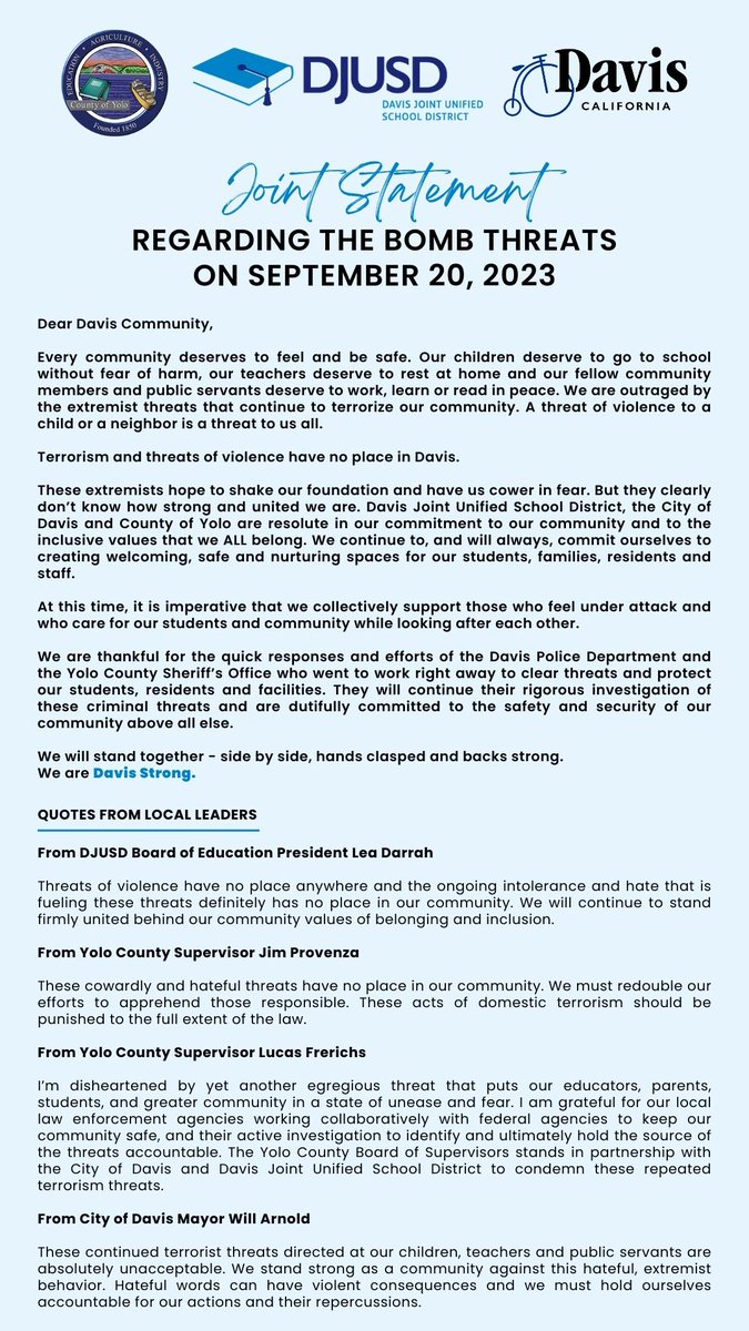 CityofDavis's tweet photo. JOINT STATEMENT REGARDING THE BOMB THREATS ON SEPTEMBER 20, 2023

https://t.co/TGM5shwDtp https://t.co/LNWjKc7JMA
