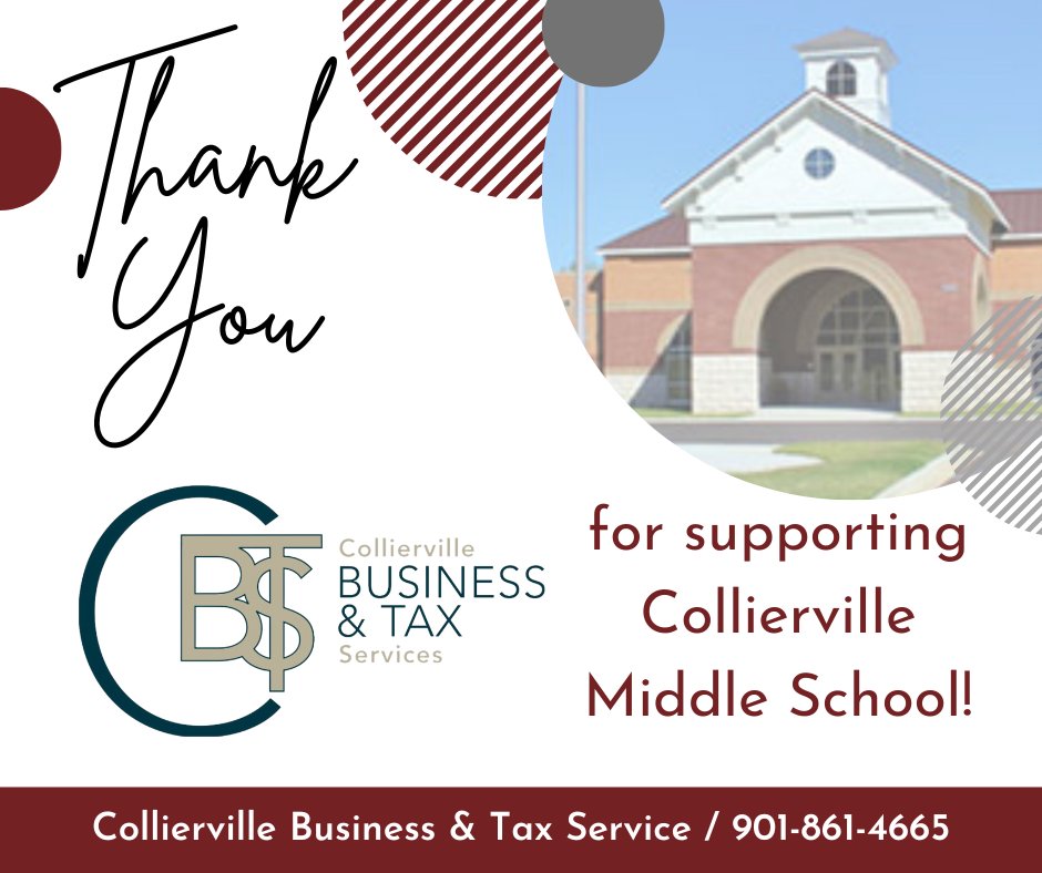 cms_dragonsPTA's tweet photo. Thank you Collierville Business &amp; Tax Services for supporting @colliervillems and the CMS PTA with your Gold Level Sponsorship! https://t.co/WiQrnHSiUe