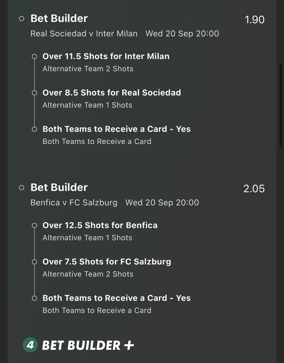 MacxBet's tweet photo. 🏆Champions League Acca
⏱️KO 20:00
⭐️Bet365 Bet Builder
📊17.6
💰£10 returns £176.11 https://t.co/sA1nZneCOe