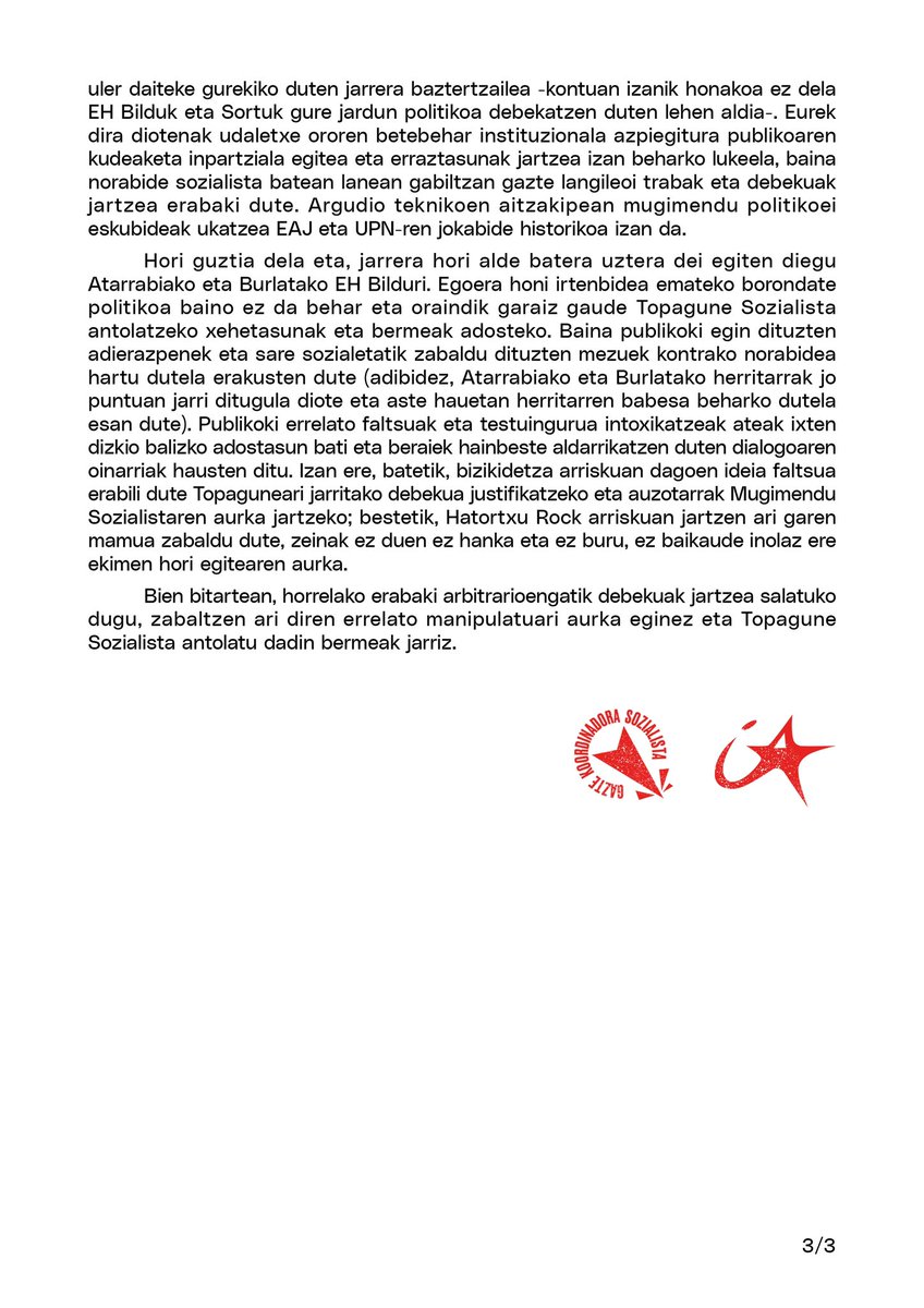 EH Bildu-Sortuk #TPGNSozialista debekatu nahi digu hilabeteetan zehar berau egiteko onespena izan ostean. 

Publikoki gure inguruan zabaldu dituzten gezurrak eta akusazioak salatzen ditugu eta Topagunea egiteko bermeak jartzen jarraituko dugula adierazi nahi dugu. 

📄Irakurketa: