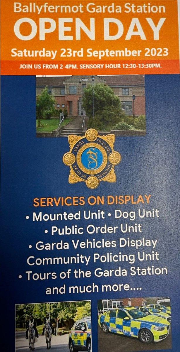 🚨#Ballyfermot Garda Station Open Day🚨

This Saturday 2pm - 4pm 
(sensory hour 12.30pm - 1.30pm)

Station tours.
Public Order Unit
Dog Unit
Mounted Unit (Horses)
Community Policing Unit

Kids always love this event, so bring them along.

All Welcome