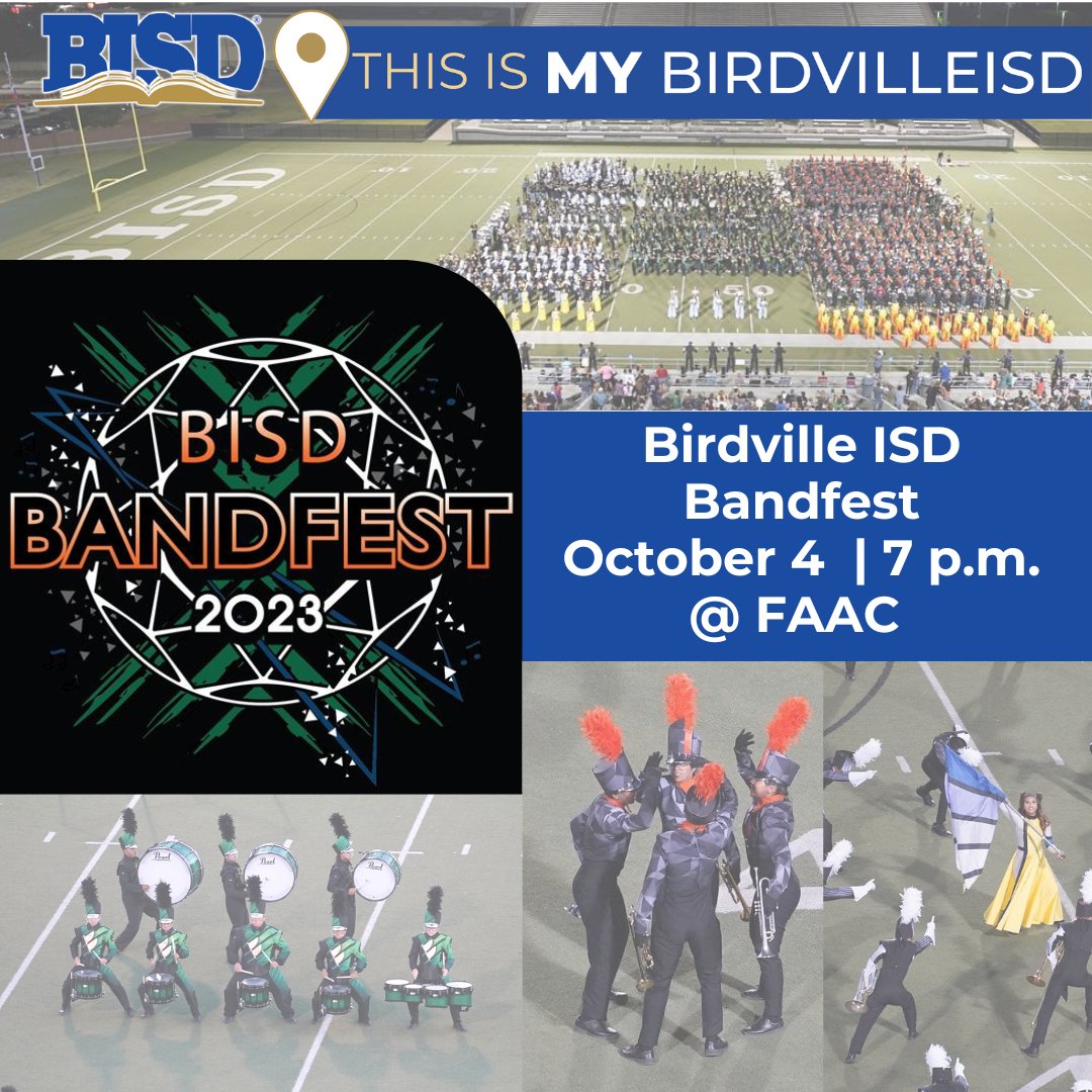 BirdvilleISD's tweet photo. Birdville ISD BANDFEST
Wednesday, October 4

7 p.m.
BISD Fine Arts/Athletics Complex

All proceeds benefit the BISD Private Lesson Program.

CLICK HERE https://t.co/Orm7UJSOWY for TICKETS!

$5 Admission Pre-Sale (ends October 3rd)
$10 Admission at the Gate https://t.co/VS14gabbRV