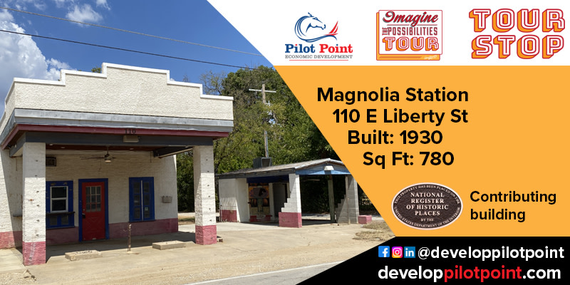 Next 🏁 on our spotlight tour during Imagine the Possibilities, supported by <a href="/TxHistComm/">Texas Historical Commission</a>, is Magnolia Station!

A contributing building to our National Registry listing, it was a Mobilgas filling station as well as a restaurant.

Full details: bit.ly/PilotPointAwar…