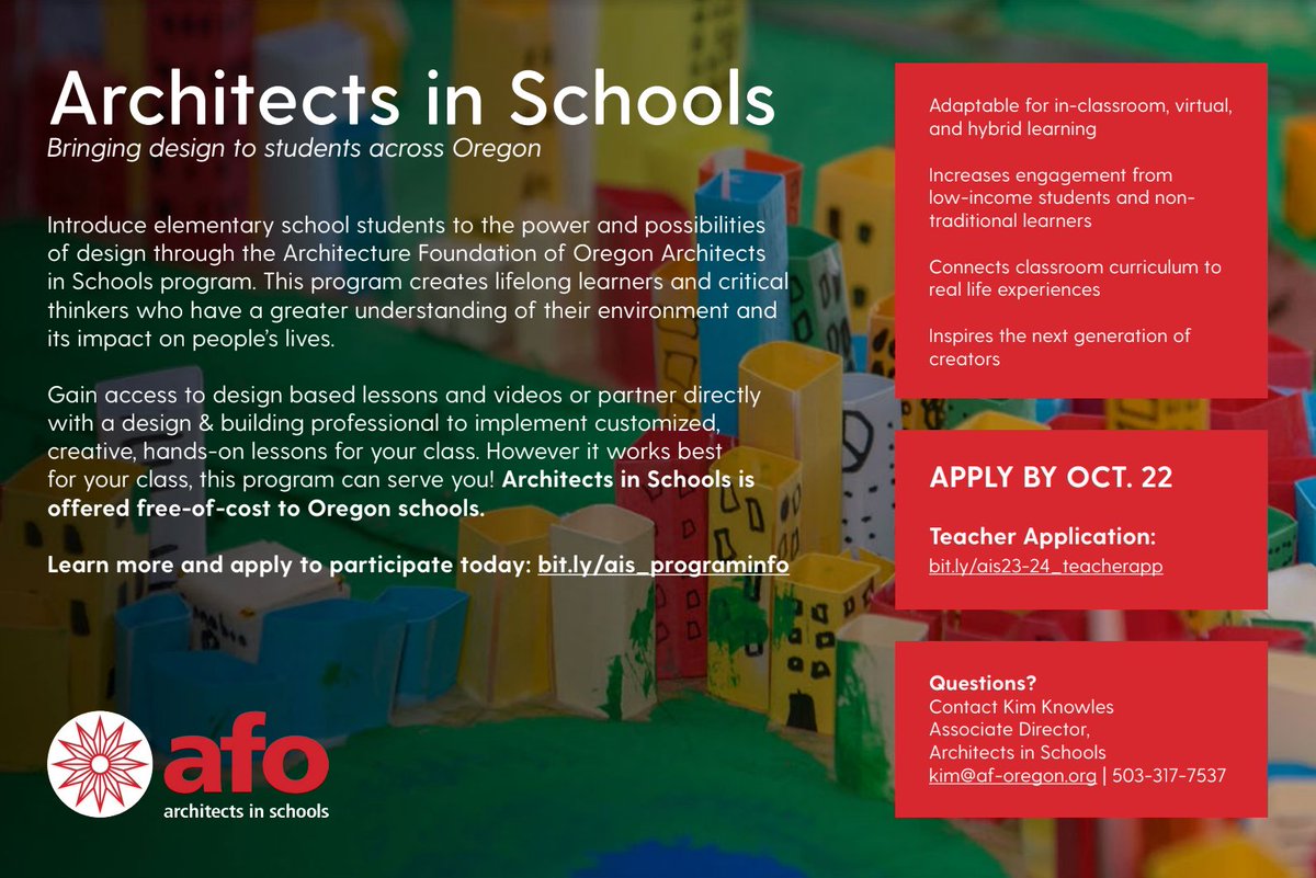 AFO’s Architects in Schools Program matches professional architects, engineers and other design &amp; building professionals with 3rd through 5th grade teachers for a classroom residency (both in-person or virtually). 

Apply here: bit.ly/ais23-24_teach…

#STEMOregon #architect