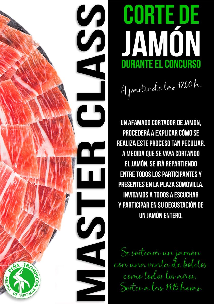#Concurso #Gastronómico #MedinadePomar

👨‍🍳🥘 XXXVII Concurso Gastronómico 🥘👨🍳
&amp; Medina Chef Junior (hasta 15 años)

🗓️ Sábado, 23 de septiembre
🕧 Recogida de platos: 12:30-13:15 h
📍 Plaza Somovilla

🏆 Premios: 14 h

Organiza: Peña Trompicón
Patrocina: Ayto. Medina de Pomar