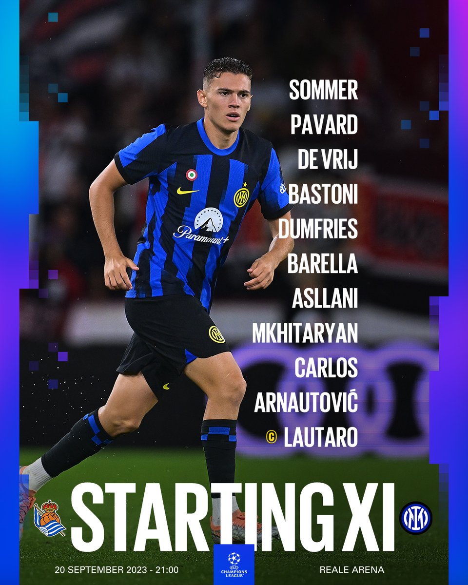 Inter's tweet image. Gli 1️⃣1️⃣ ⚫🔵 che scenderanno in campo nella prima "tappa" di #UCL 

#RealSociedadInter #ForzaInter