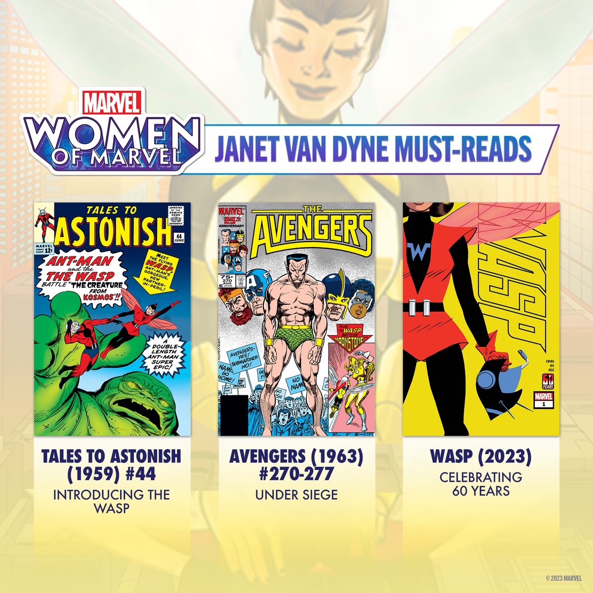 Marvel's tweet photo. We're celebrating 60 years of the Wasp on the #WomenOfMarvel podcast! Buzz through a few of Janet Van Dyne's must-read comics on the @MarvelUnlimited app and listen to our deep dive on the latest podcast episode: https://t.co/kboTAxjiMk 🎧 https://t.co/iQgakVirUt