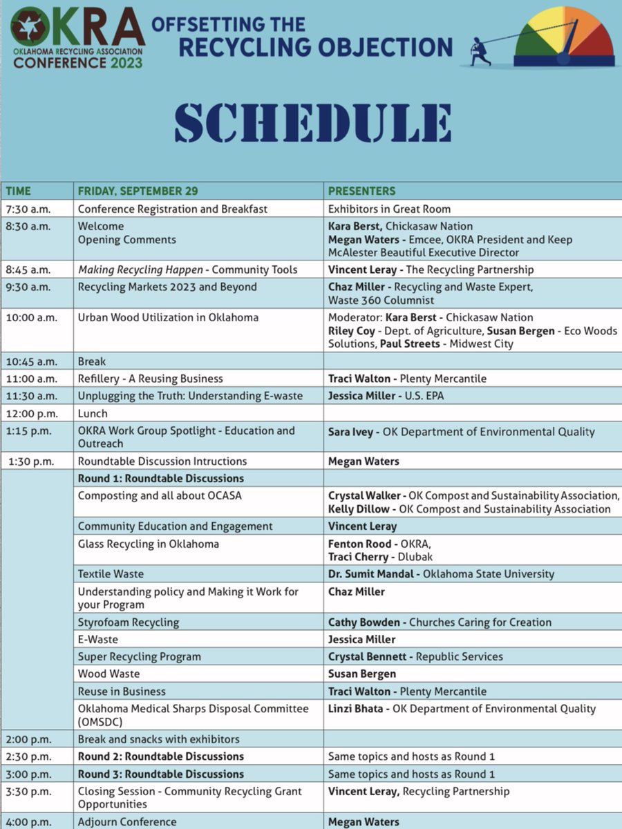 Check out the all-star Oklahoma Recycling Conference schedule and register now! 

⭐ Limited spots remaining ⭐

eventbrite.com/e/2023-oklahom…