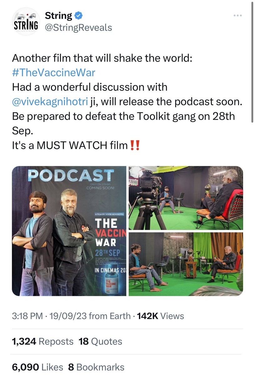 vivekagnihotri's tweet photo. BIG NEWS: 

Yesterday @StringReveals announced our podcast on ‘Toolkit Gang’ which was employed by India’s enemies to sabotage Indian Vaccine Project. 

Fearing the exposé, Toolkit Gang went on to mass report to @YouTube and got the channel deleted without any warning. 

Free speech messiahs want to silence #TheVaccineWar but they can NEVER silence us. 

Just wait and watch.