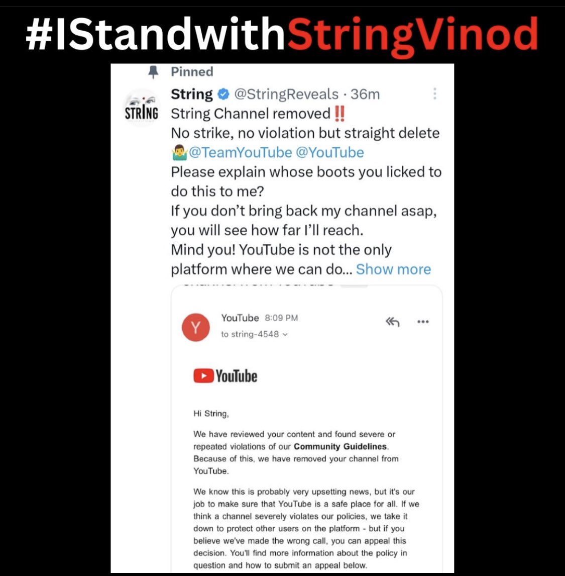 vaisakhsabu90's tweet photo. #istandwithstringvinod We need to get @StringReveals back on @YouTube guys. Lets support vinod anna by retweeting sharing and even uploading on our Instagram and whatsapp statuses https://t.co/9etCYAVzek