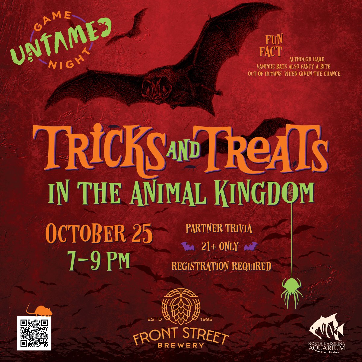 NCAquariumFF's tweet image. Looking for a fun night with your #Boos?
Game Night Untamed is back with Tricks and Treats in the Animal Kingdom. Join us at @FrontStreetBrew Oct. 25, 7-9 p.m. for this Halloween-inspired game show mash-up. Space is limited. Register in advance: bit.ly/3rCiTzC