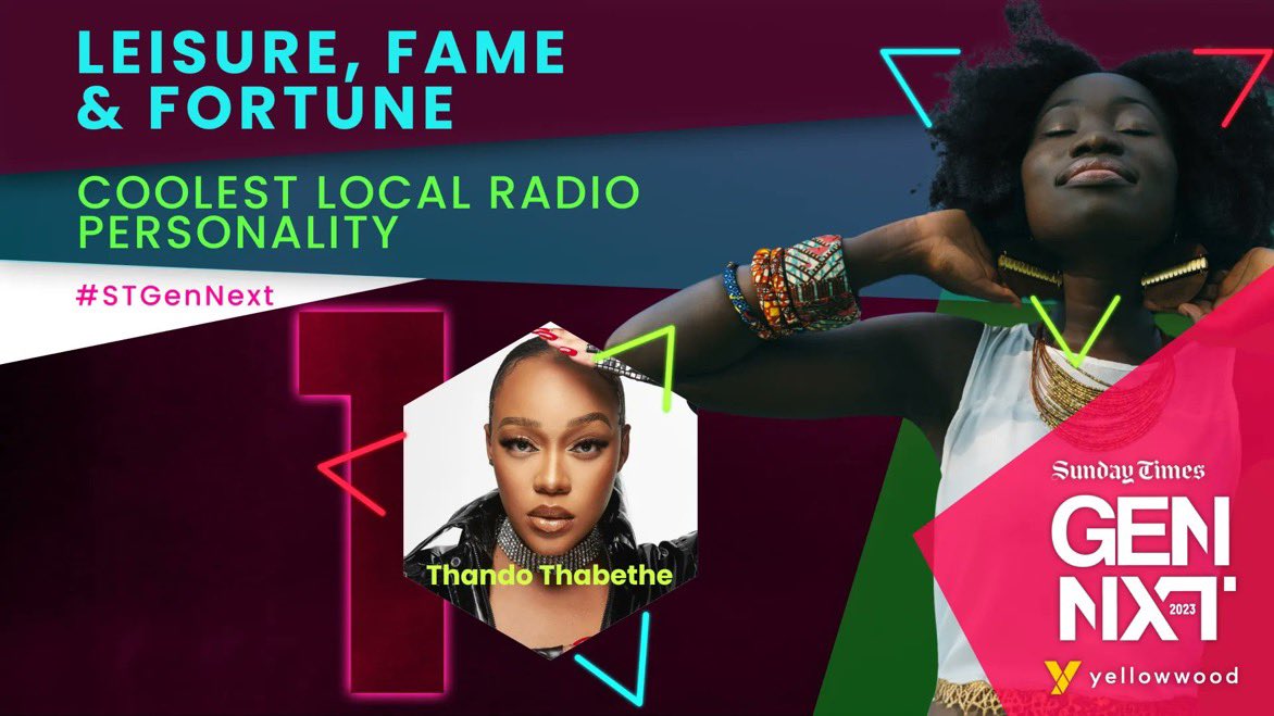 Thando_Thabethe's tweet photo. This just in 😍
I’ve been voted the “coolest radio personality” by The Sunday Times GenNext awards Thank YOU! From the deepest part of my heart for lending an ear ❤️❤️❤️ I LOVE YOU!!
Thank you @arenaeventsza #STGenNext https://t.co/6mOlvnkyPS