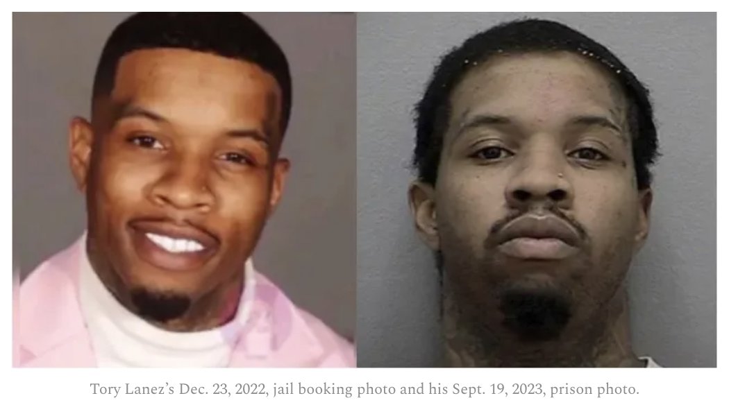 meghanncuniff's tweet photo. Tory Lanez was wearing a powder pink suit when a jury convicted him of shooting Megan Thee Stallion and he was jailed on the spot. 

Nine months later, he's not wearing the suit in his new prison photo, and the photos are quite a before and after. https://t.co/jp757HInW9 https://t.co/5jo7mXgYgW