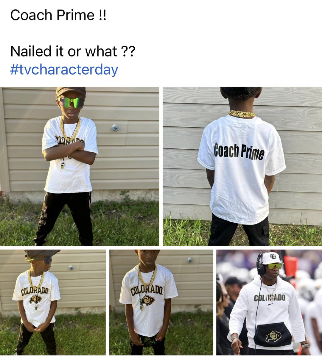 Ms_Tee_Dee's tweet photo. (Shared with permission from mom, K. Mingo.)
Lil Coach Prime… Nailed it✔️
#tvCharacterDay #PAISDhomecoming #NailedIt #lilPrime #coachPrime #DeionSanders #CUfootball #coloradofootball
#blenders😎 #cubuffs #PAMTitans #TitanNation #kidswatching
@DeionSanders @BlendersEyewear https://t.co/MnOnuzG8pI