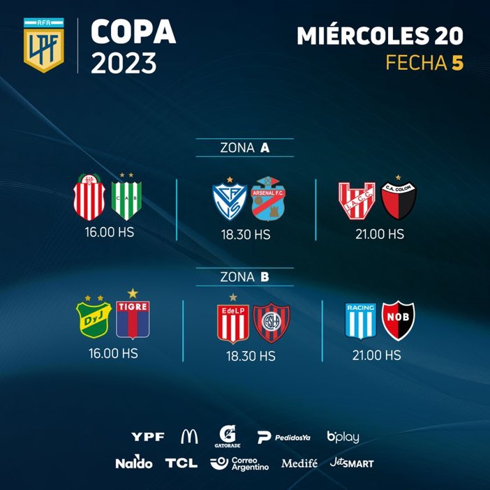 CalcioArg's tweet photo. 🔛Turno infrasettimanale #CopaDeLaLiga🇦🇷
⏰ 21:00 #Barracas 🆚 #Banfield
⏰ 21:00 #DefensaYJ🆚 #Tigre
⏰ 23:30 #Vélez 🆚 #Arsenal
⏰ 23:30 #Estudiantes🆚 #SLorenzo
📺 SoloCalcio e MolaTv
⏰ 02:00 #Instituto 🆚 #Colón
⏰ 02:00 #Racing 🆚 #Newells
📺 Sportitalia e MolaTv https://t.co/0IZtyl9AcA