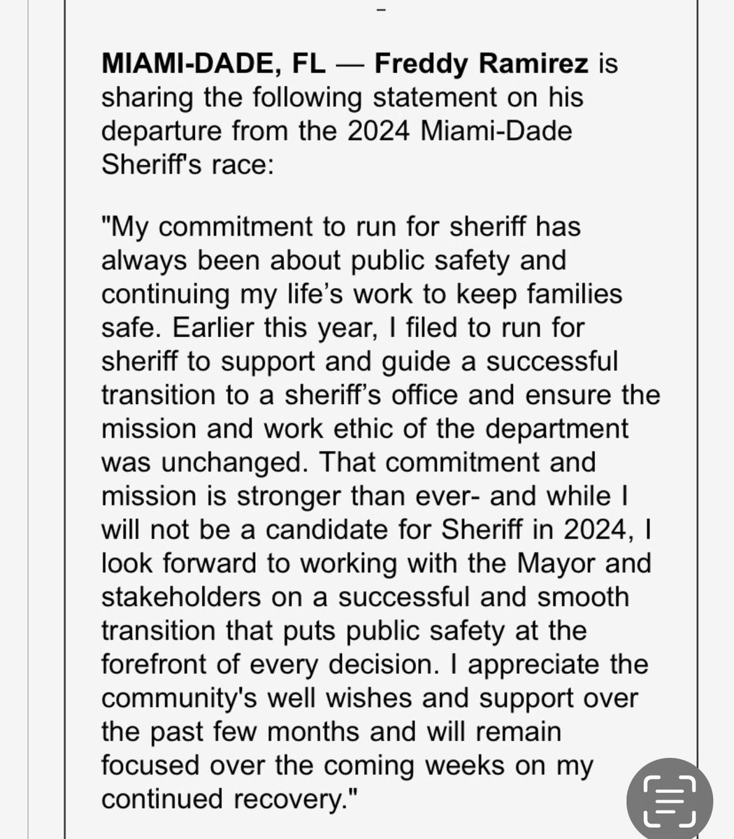 As expected Miami Dade Police Director Freddy Ramirez has dropped out of the sheriff’s race, nearly two months after he shot himself in an apparent suicide attempt. @CBSMiami
