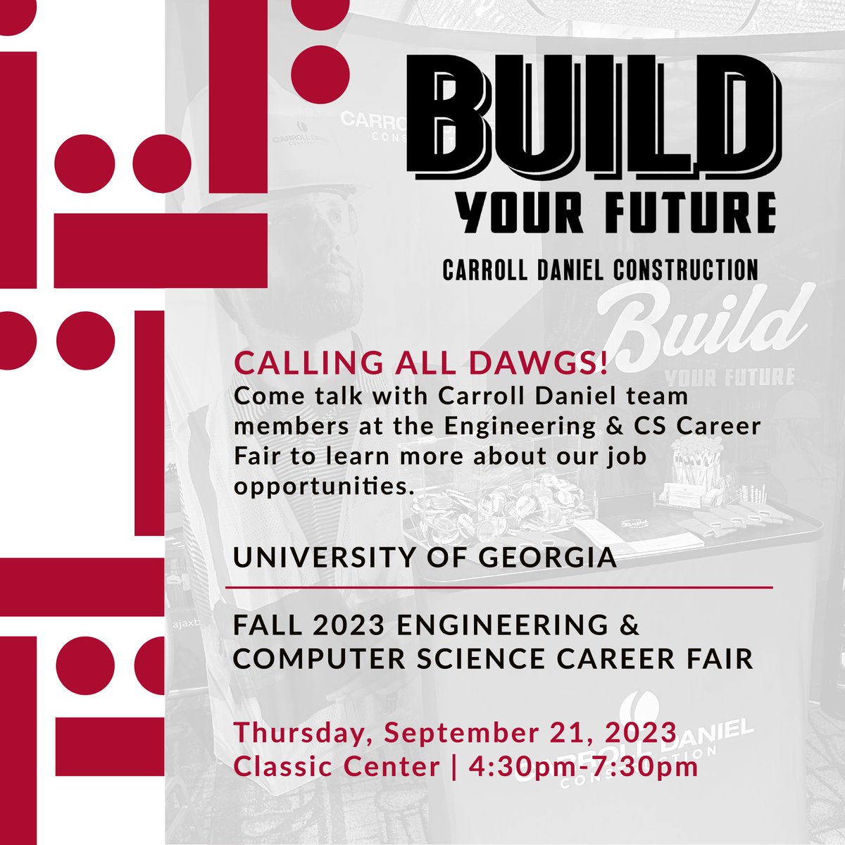 CarrollDanielCo's tweet image. #CallingAllDawgs! Stop by the Carroll Daniel booth at tomorrow's @UGAEngineering and Computer Science Career Fair from 4:30pm-7:30pm to connect with our team and learn more about our career opportunities. See you there! #BuildYourFuture #UGAEngineering