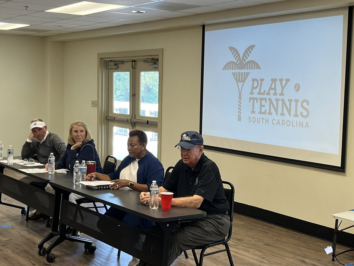 Dr. Jerry Odom, Shirley Mills, Bill Ennis and April Gift discuss local tennis advocacy at the CDTW Workshop 
#sctennis #playtennisSC #CDTWworkshop