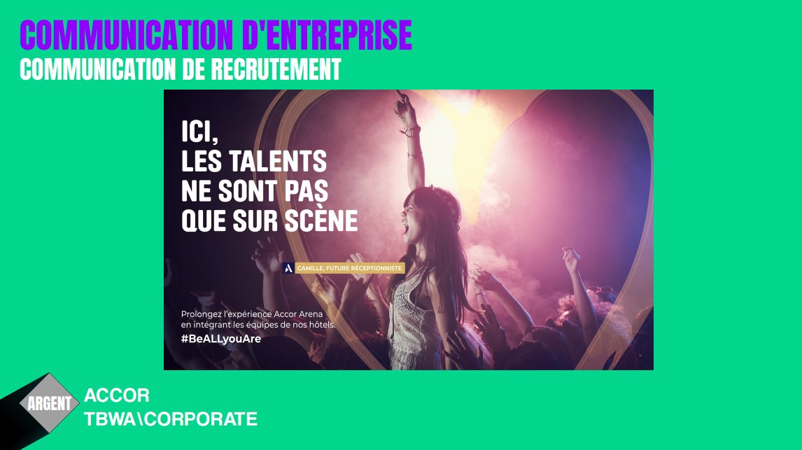Strategies's tweet photo. GP Stratégies de la Communication d’Entreprise et des Collectivités Territoriales 2023 : Communication d’entreprise - Communication de recrutement – un ARGENT pour @Accor et l’agence @TBWACORPORATE pour la réalisation « Campagne employeur #BeALLYouAre ». Bravo à eux !
#gpstrat https://t.co/odHqmKPhvL