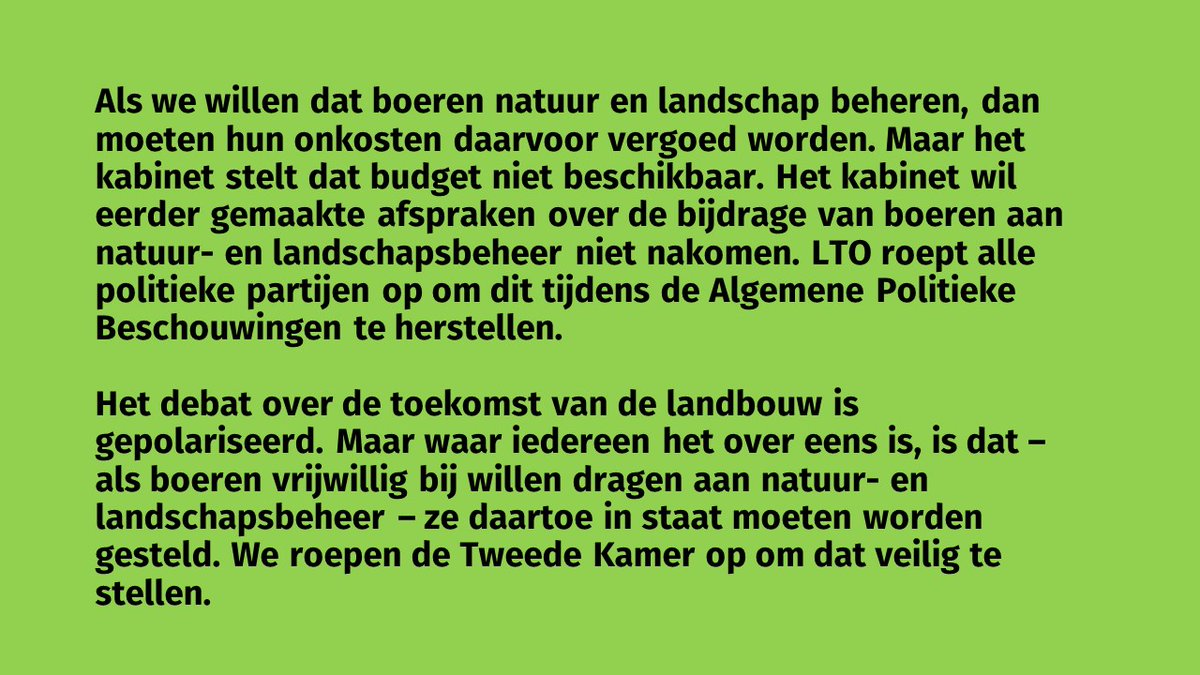 LTONederland's tweet photo. #NATUURBEHEER | De regering wil eerder gemaakte afspraken over agrarisch natuur- en landschapsbeheer (ANLb) door boeren niet nakomen. LTO roept alle politieke partijen op om dit tijdens de algemene politieke beschouwingen te herstellen ⬇️ https://t.co/u8DgeljwzA