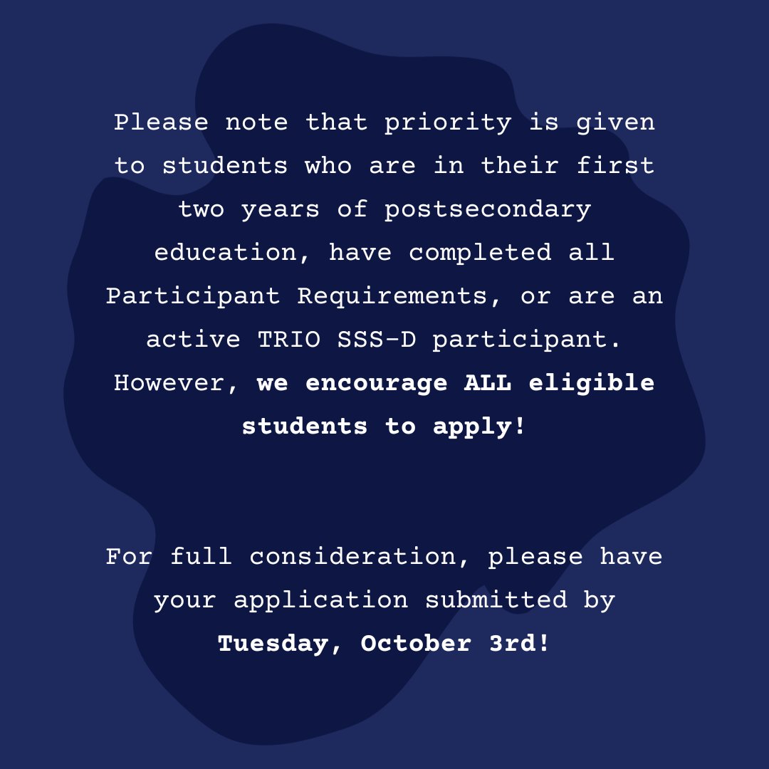 Hello TRIO SSS-D students!

The Fall 2023 SGA application is now available for eligible students! For more information on how to to apply, check your student email. The deadline to submit your application is Tuesday, October 3rd.

#TRIOfam #FresnoState #StudentSupportServices