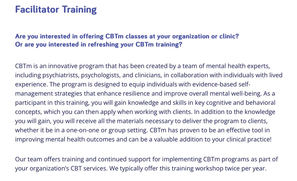 Cognitive Behaviour Therapy with Mindfulness (CBTm) Facilitator Training!!

The next Facilitator Training Workshop will be held on September 27th, 2023. 

Please click the link below to register.

cpd-umanitoba.com/.../cognitive-…

cbtm.ca/for-facilitato…