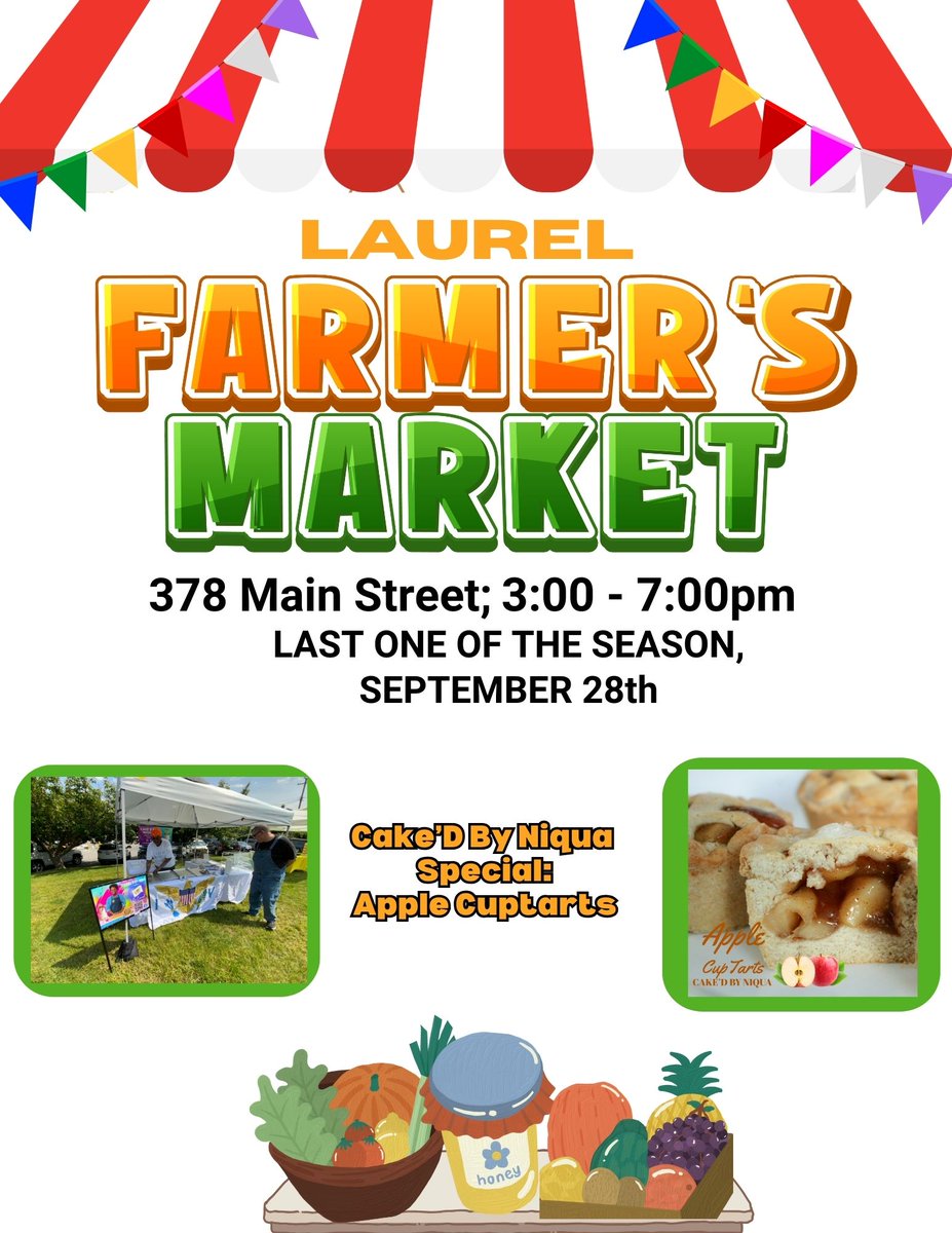 lrlmarketonmain's tweet image. The LAST Market Day of the Season is set for next Thurs, 9/28, &amp;amp; you won&apos;t want to miss it! Stop by the Farmer&apos;s Market at the Laurel Quill Lot, 378 Main St, 3 - 7pm next Thursday and check out Cake&apos;D By Niqua&apos;s special for the week: Yummy Apple Cuptarts! #ShopSmallShopLocal