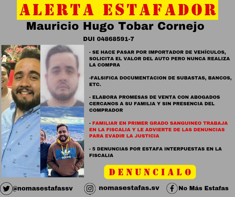 nomasestafassv's tweet photo. @FGR_SV Solicitamos su apoyo capturando a este estafador con 5 denuncias intermpuestas en sus oficinas. No dejen que siga estafando a más gente inocente !! #nomasestafas @nayibbukele @FiscalGeneralSV https://t.co/RKeZVBcavE