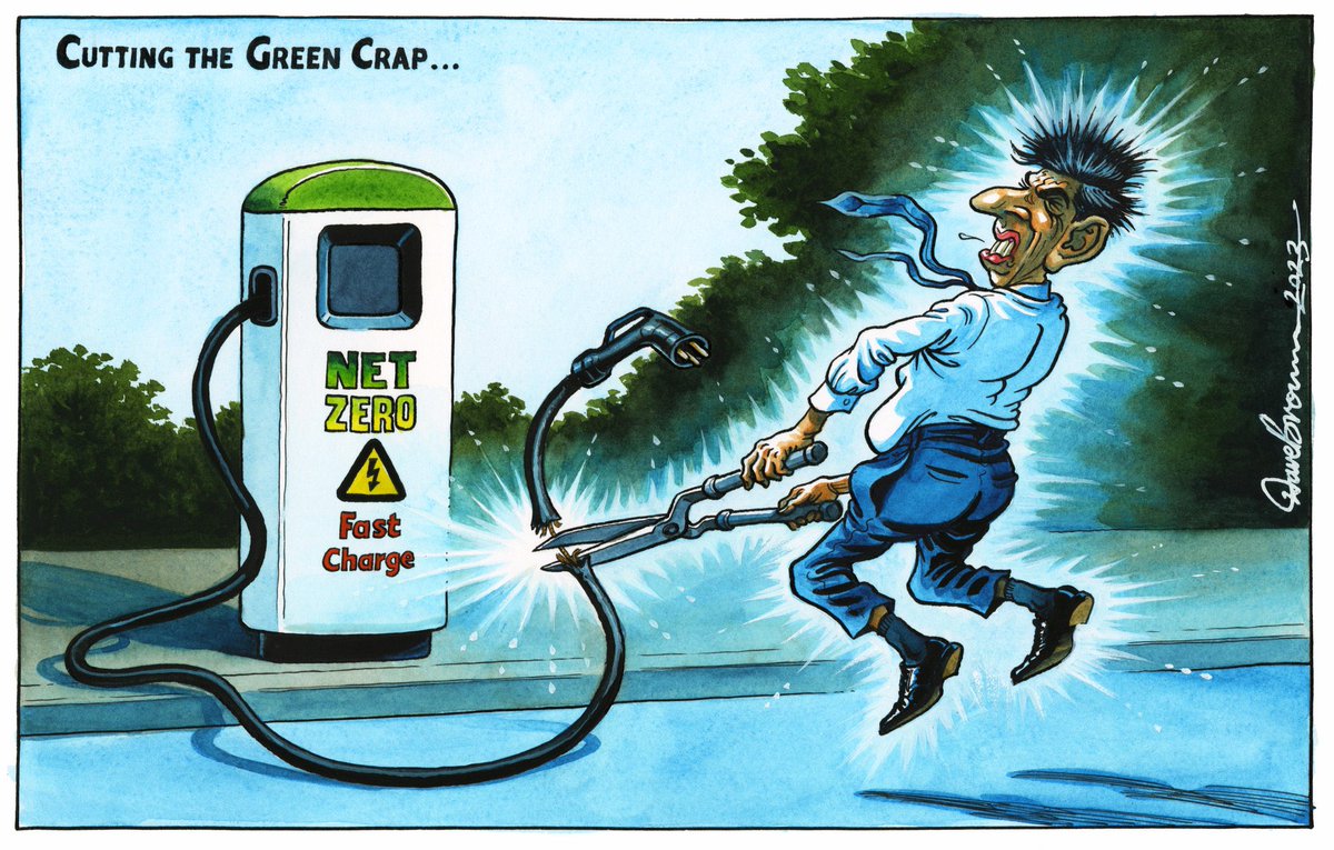 Dave Brown on #RishiSunak #Sunak #NetZero2030 #Environment #ElectricVehicles #GreenCrap #Sunackered #ToriesDestroyingOurCountry  – political cartoon gallery in London original-political-cartoon.com