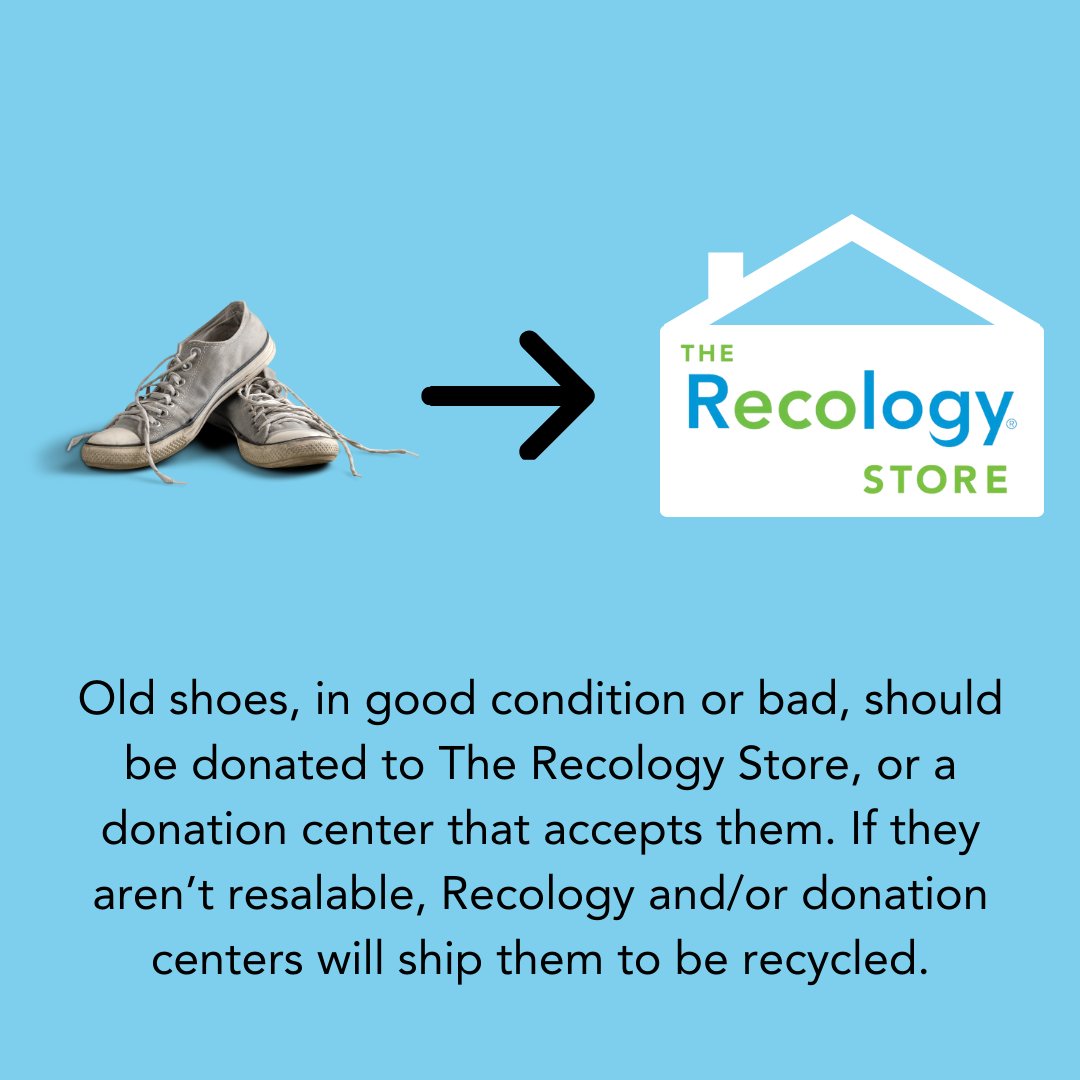 RecologyKC's tweet photo. Have old shoes you want to get rid of? Are they in good condition? Are they too beat up to resell? The Recology Store and most donation centers will take both! If they are too beat up, we'll ship them off to be recycled ♻️ 👠 #WDIGW https://t.co/12C242HCoO