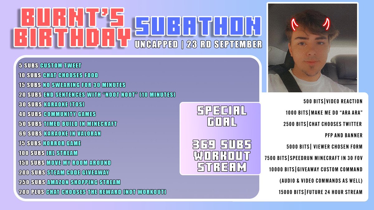 UKBurnt's tweet photo. I've been waiting to post this!!
I am doing a UNCAPPED SUBATHON!!!

It will be starting on the 23rd of September at 4pm BST

Hope to see everyone there!! https://t.co/9eitbhO73g