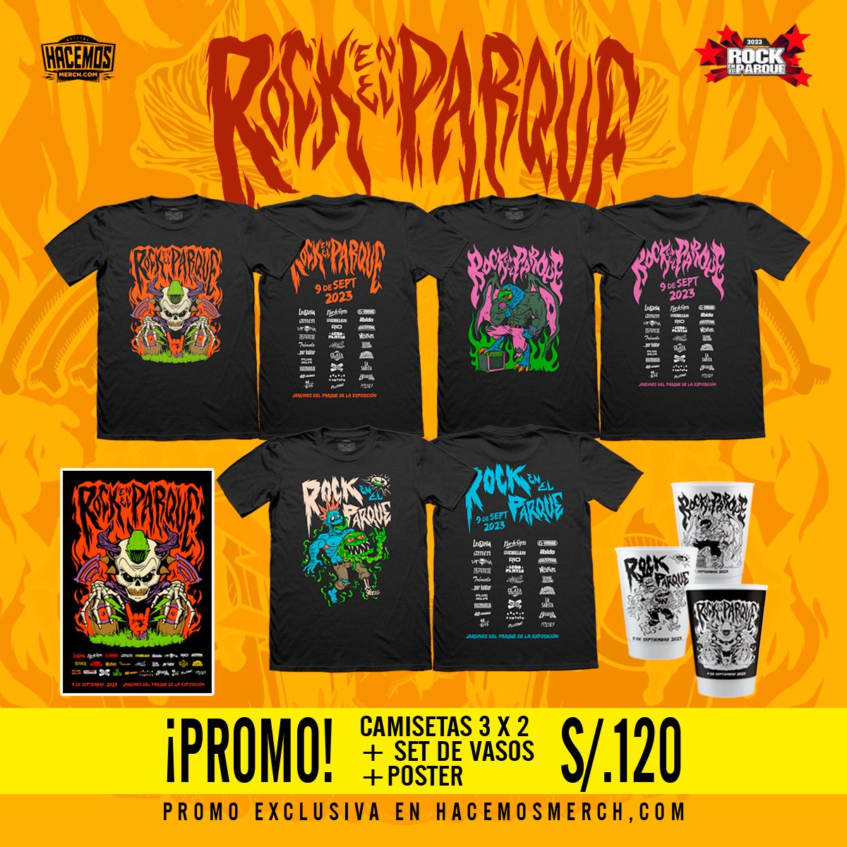 Rock en el Parque Promo Pack 
Las 3 camisetas + set de vasos + póster s/.120
Solo en HACEMOSMERCH.COM