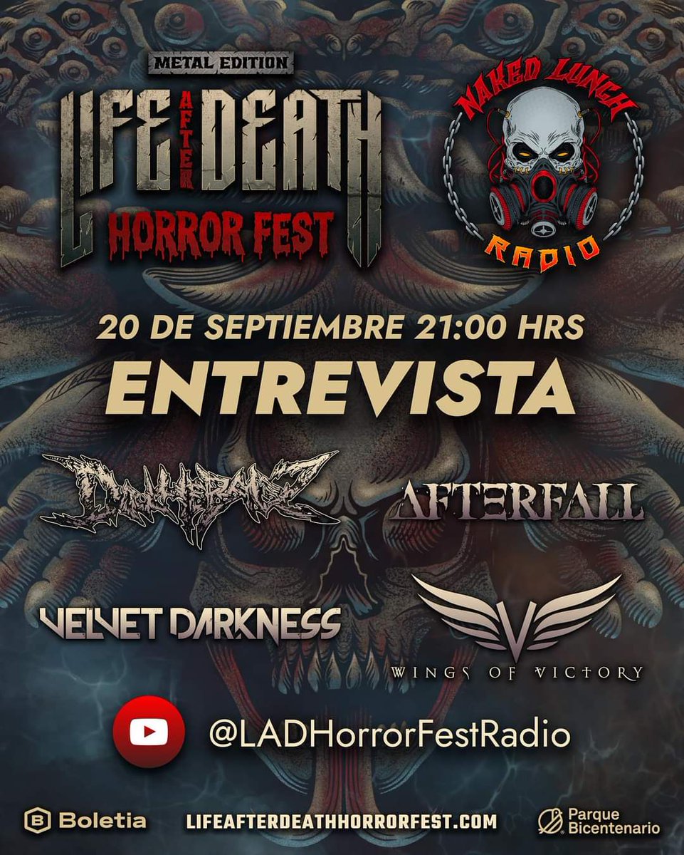 Hoy les estaremos en entrevista por el canal de Youtube de LAD Horror Fest Radio junto con Velvet Darkness <a href="/wingsofvictorym/">Wings Of Victory</a> y <a href="/douchebagzmx/">douchebagzmx</a> ¿quieres saber más de la historia y el origen de la banda? ¿de qué hablan nuestras canciones? acompáñanos hoy a las 21:00 hrs