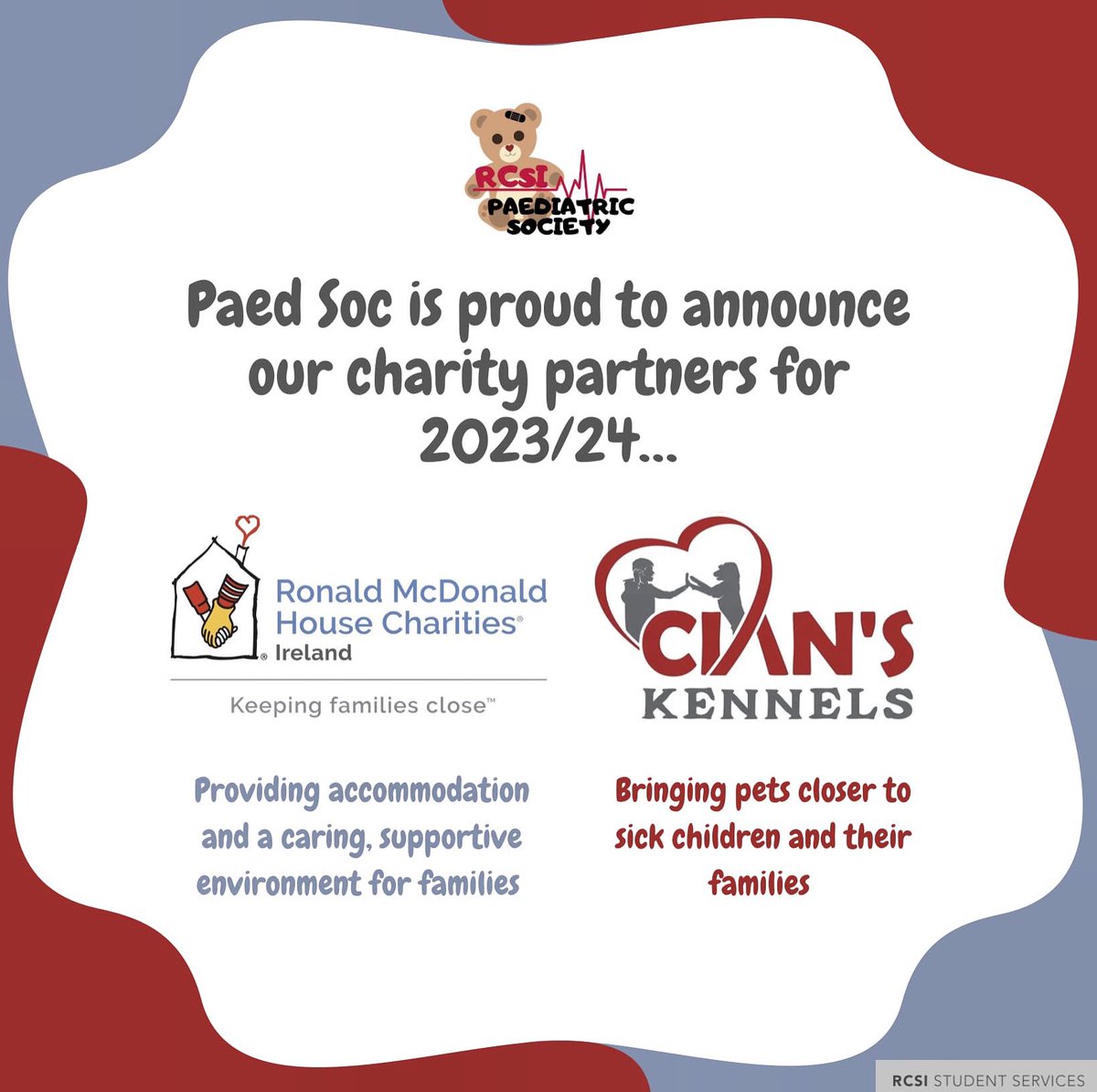 We are thrilled to announce our joint charity partners for the academic year 2023/24 🎉

<a href="/cianskennels/">Cian's Kennels</a> aim to bring pets closer to sick children and their families

<a href="/RMHC_Ireland/">Ronald McDonald Hse</a> provides accommodation for families whose children are seriously ill and hospitalised at CHI Crumlin