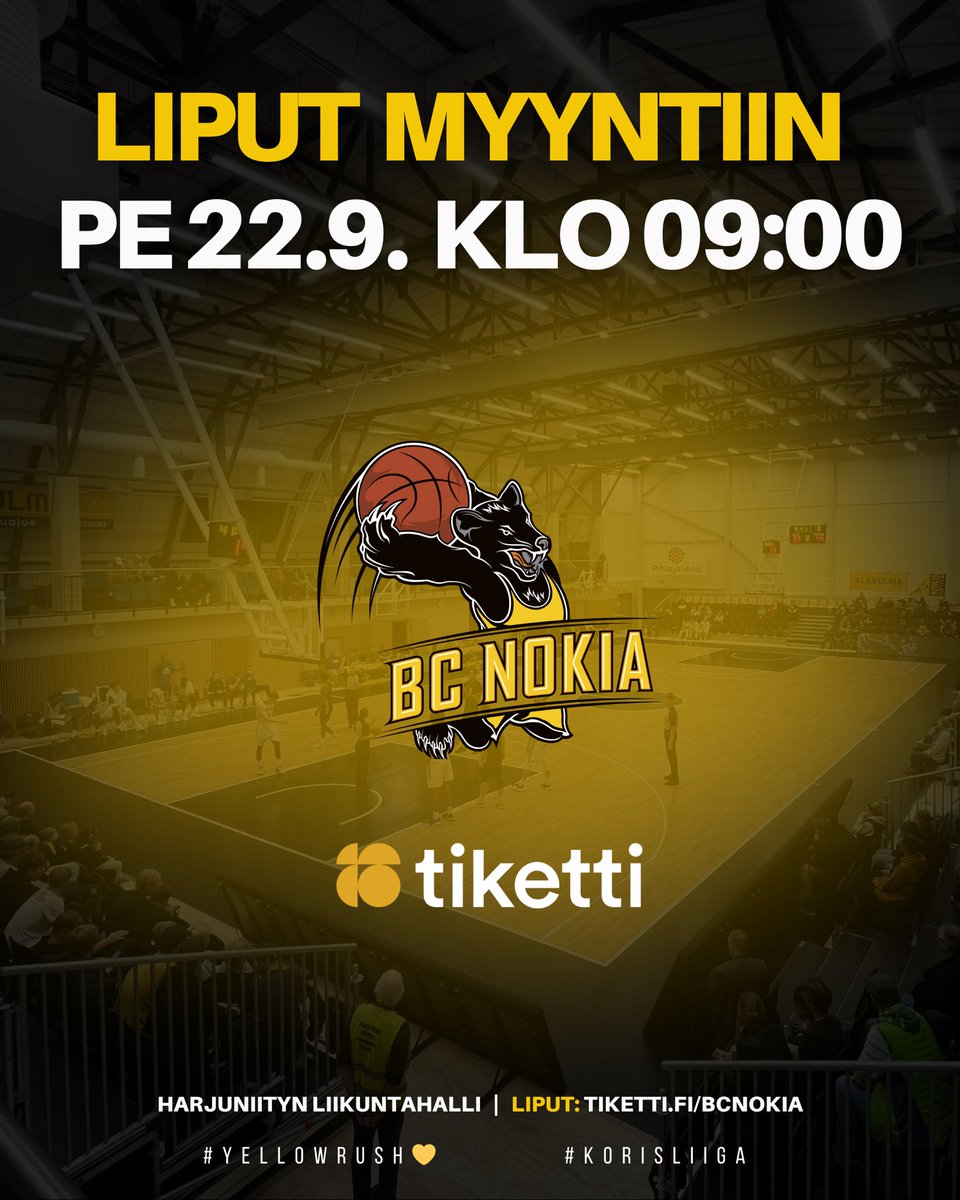 BCNokia's tweet photo. Liput BC Nokian Korisliigan kotiotteluihin tulevat myyntiin Tikettiin tulevana perjantaina 22. syyskuuta kello 9:00. Käy poistamassa omasi!

Liput: https://t.co/5Sj2TMtpMw

#YellowRush💛 #Korisliiga #VisitNokia https://t.co/x7J5nkrWcX