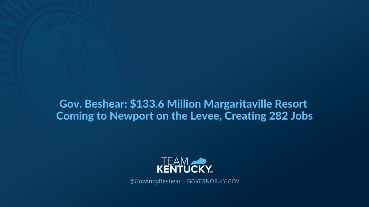 GovAndyBeshear's tweet image. Today, Gov. Andy Beshear highlighted further growth and momentum within Kentucky’s tourism industry as Newport Hotel Associates plans to locate a new $133.6 million Margaritaville Hotel Resort at Newport on the Levee in Campbell County.

Read more: bit.ly/46bllME