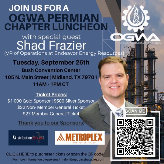 Join is for lunch in #MidlandTx with Shad Frazier, VP of Operations at Endeavor.

#ogwaUSA #oilfieldservices #permianbasin 

secure.anedot.com/11f3f7fc-cf18-…