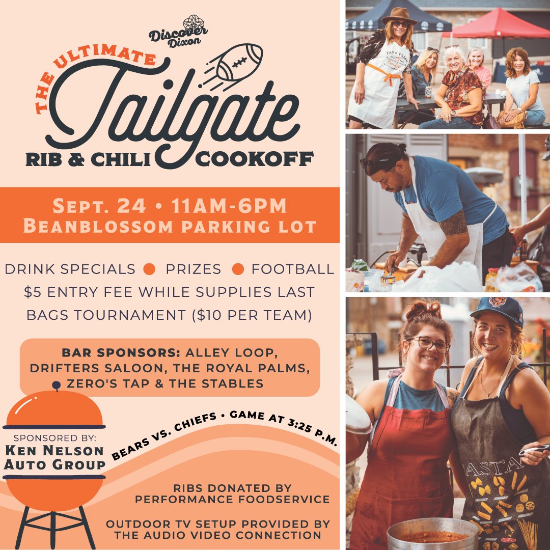 Sunday's the day! Ultimate Tailgate Rib &amp; Chili Cookoff returns 11 a.m. to 6 p.m. Sunday, Sept. 24 downtown in the Beanblossom parking lot on West River Street off of Galena Ave. Drink specials, prizes, football, a bags tournament, and more! Admission is a $5 suggested donation.