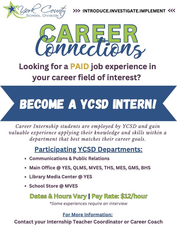 BrutonHS's tweet photo. Internship opportunity for YCSD high school juniors &amp; seniors! Interested in exploring a career field while earning graduation credits and getting paid? BHS Career Coach, Mr. Jenkins, can help with the application process. Apply today! @YCSD https://t.co/6DB5wo7E10